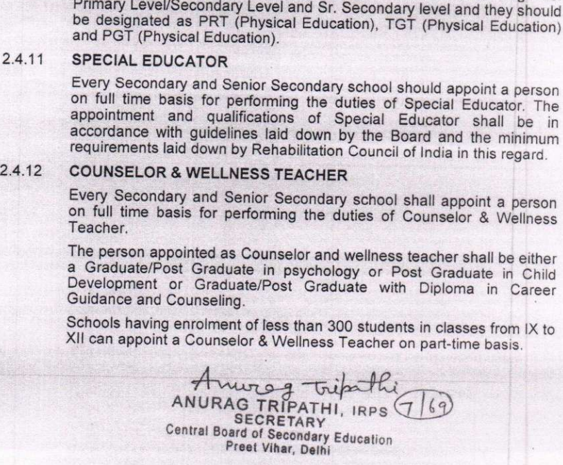 CBSE requirements for School Counsellors